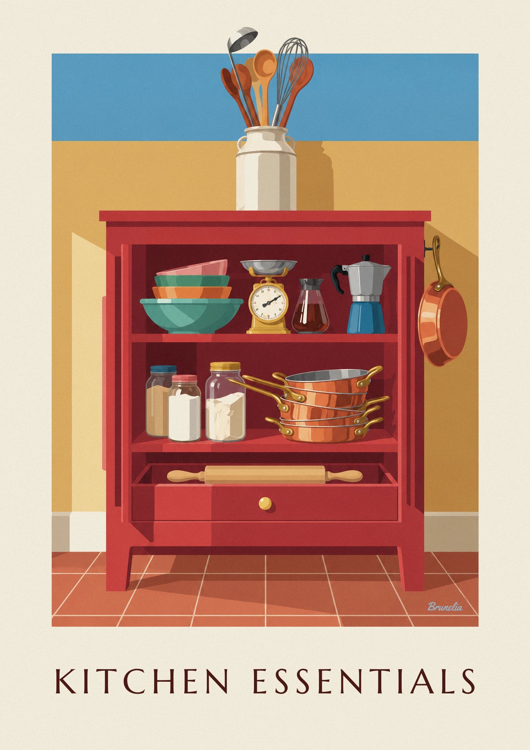 Les casseroles en cuivre, bols colorés et balance jaune dans le buffet rouge