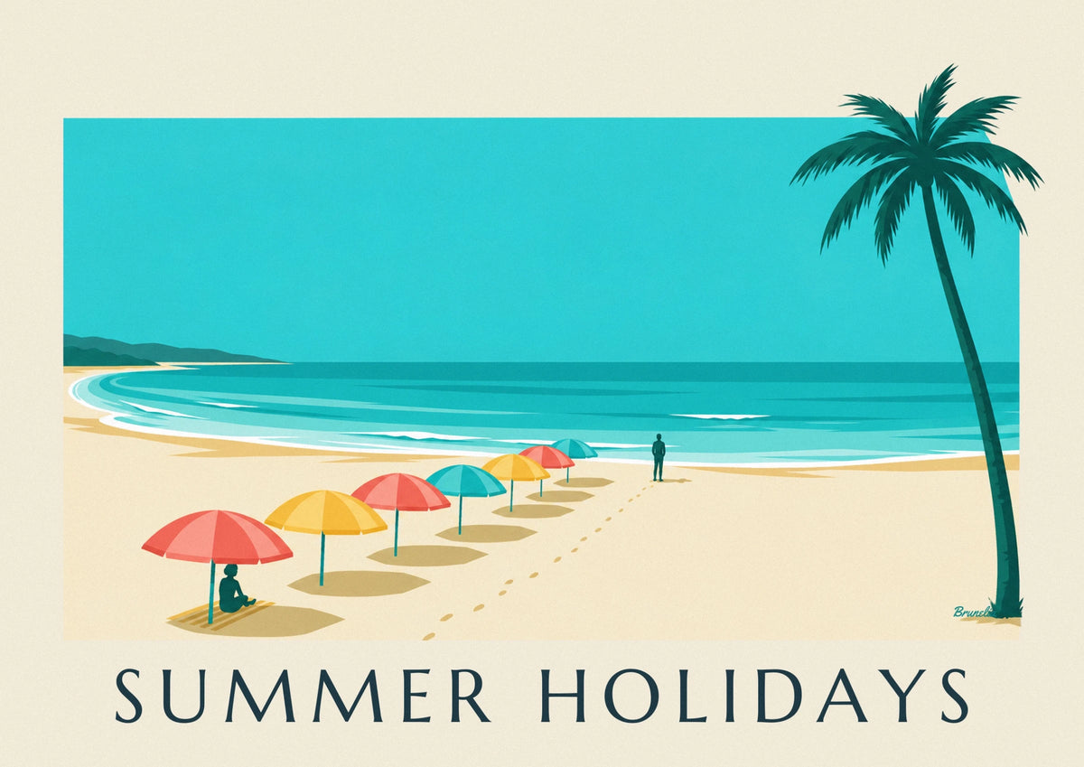 Affiche vacances d'été, palmiers et parasols colorés