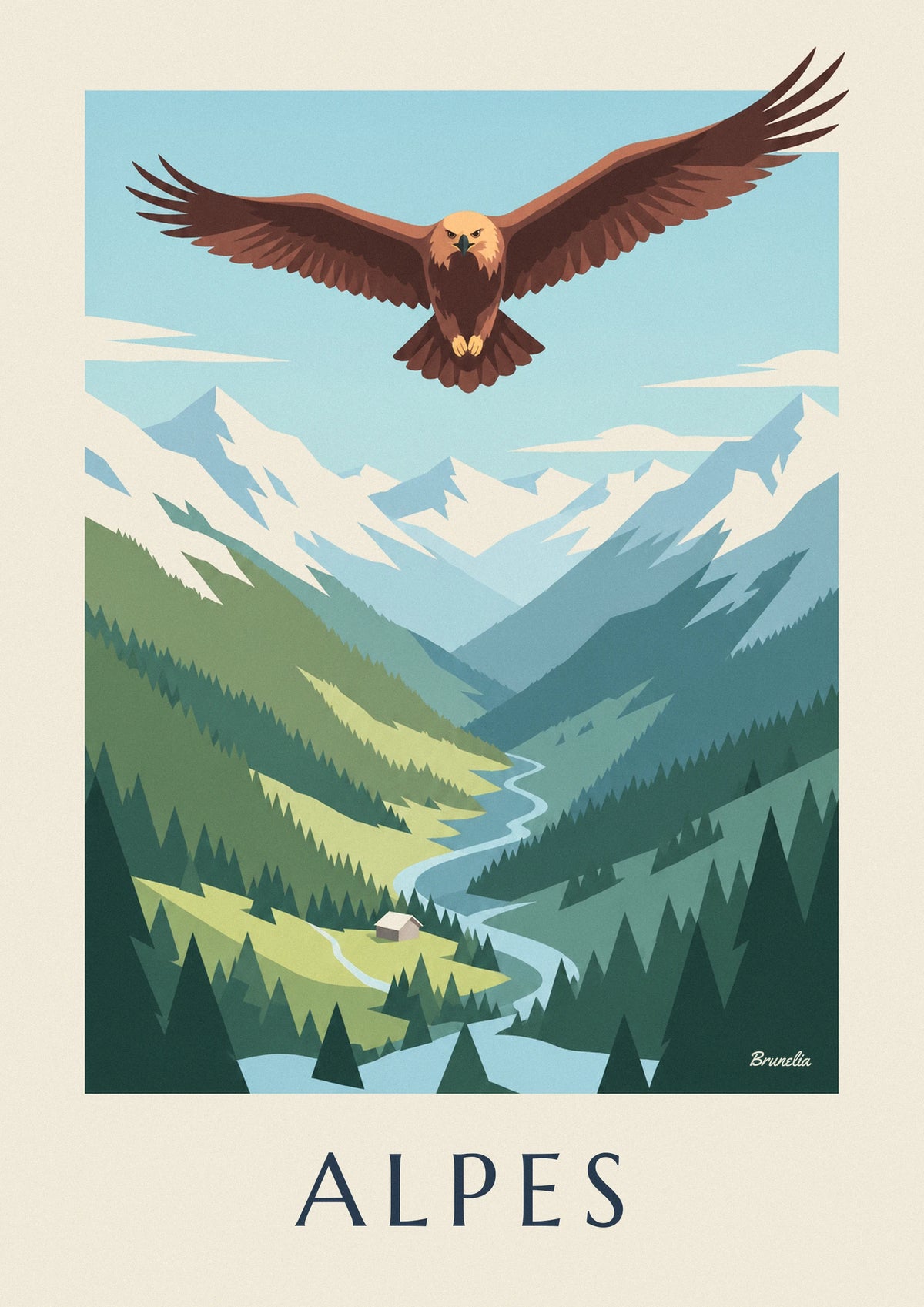 Golden eagle over an Alpine valley poster