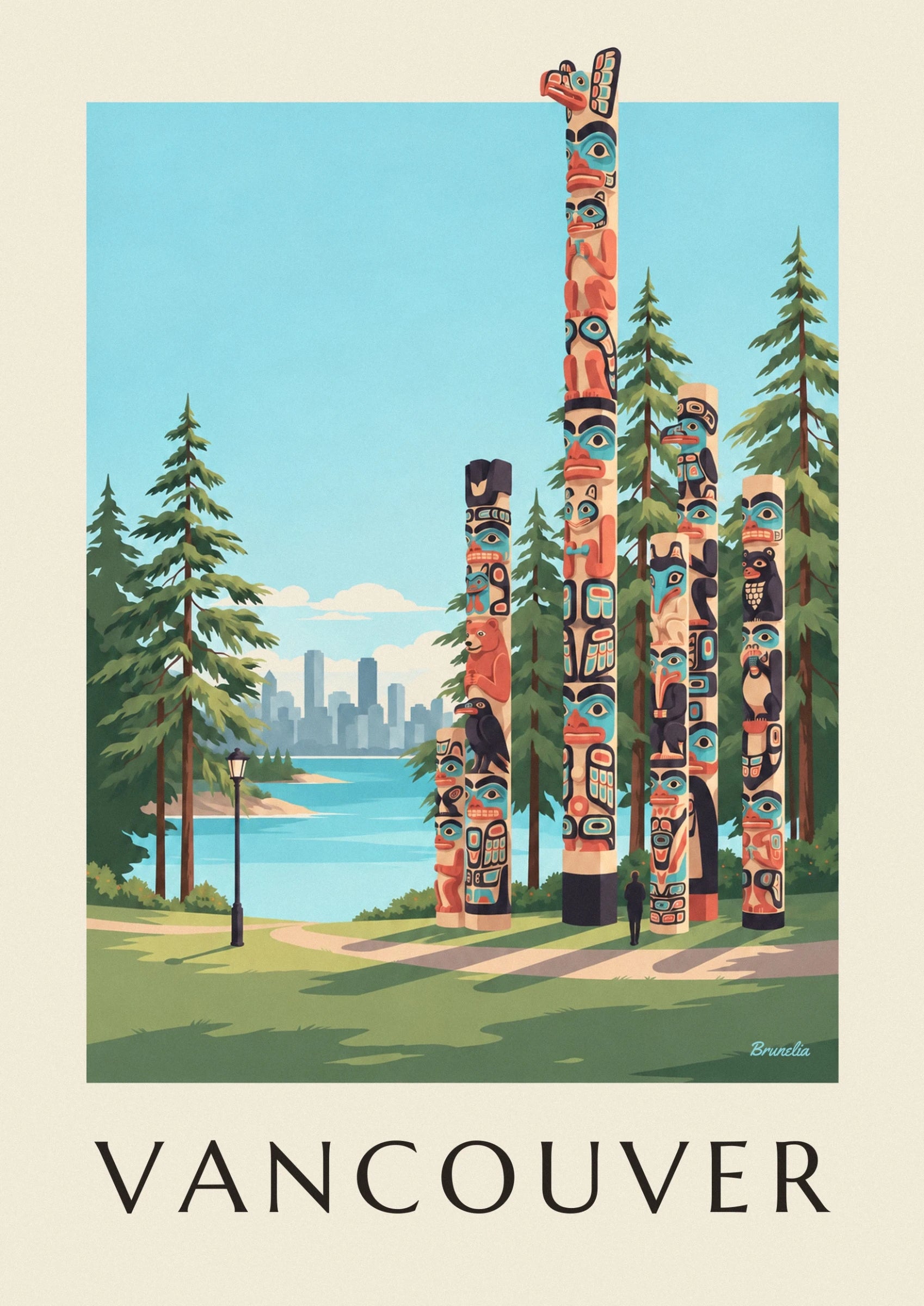 A tall totem pole with red and turquoise figures, near a conifer against a blue sky