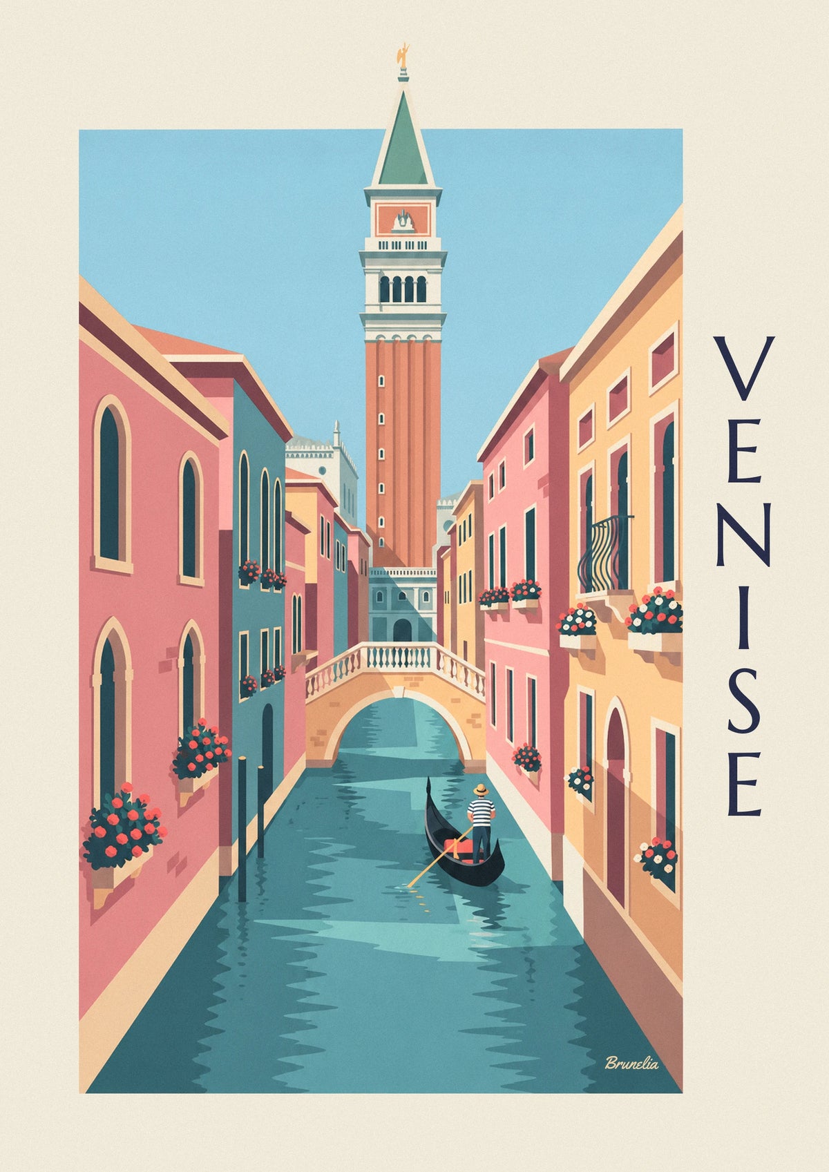 Affiche gondolier sur un petit canal sous le Campanile de Venise