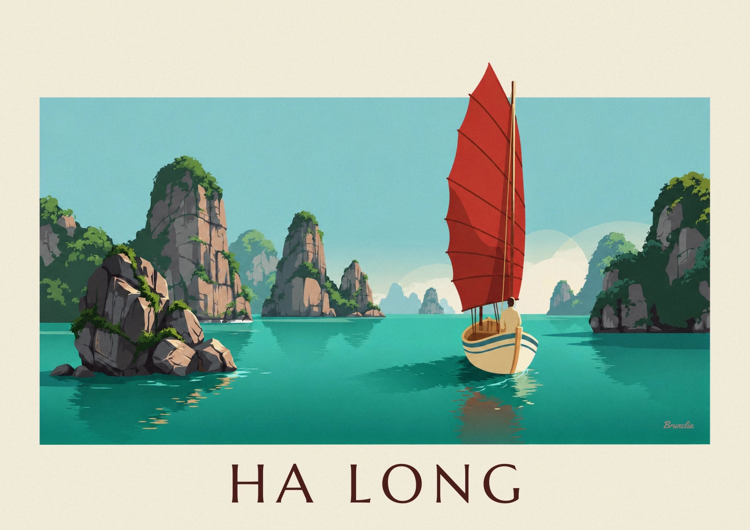 The sailor seen from behind in the cream junk boat with blue stripes, on turquoise water
