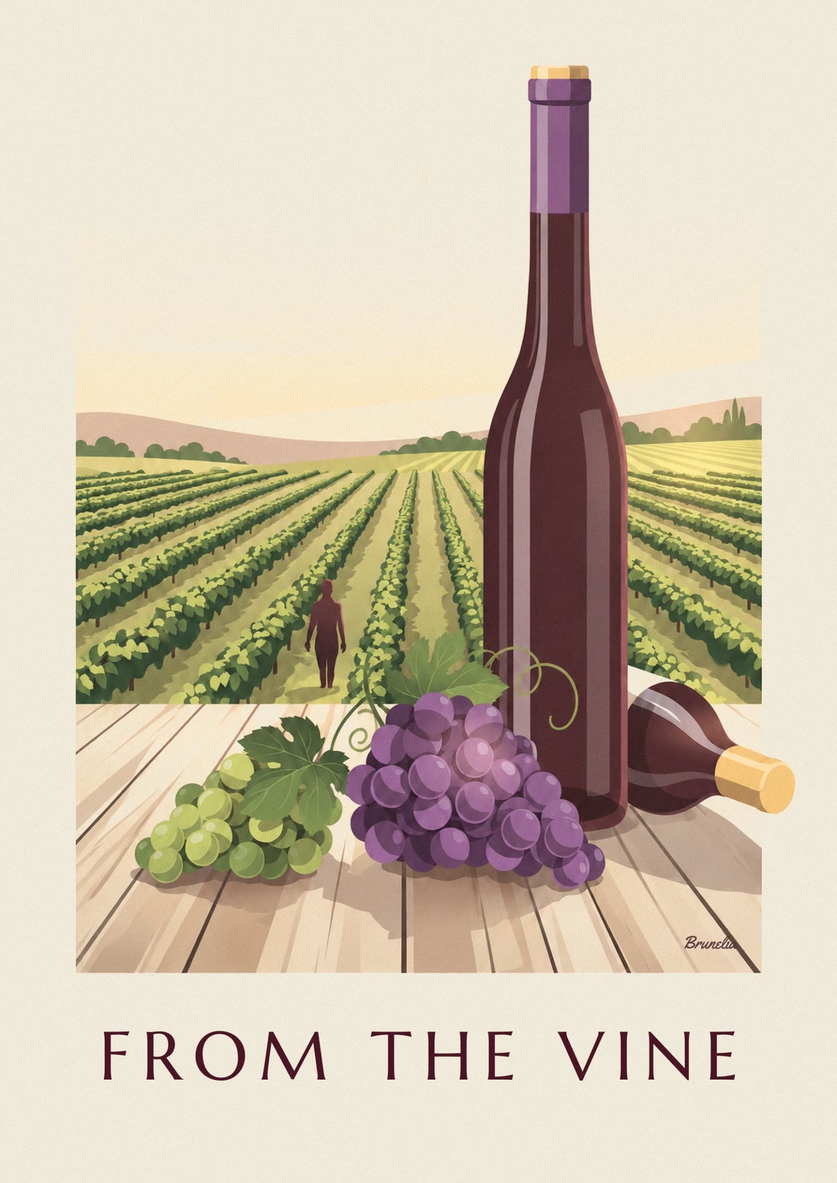 Affiche grappes de raisin et bouteilles de vin français