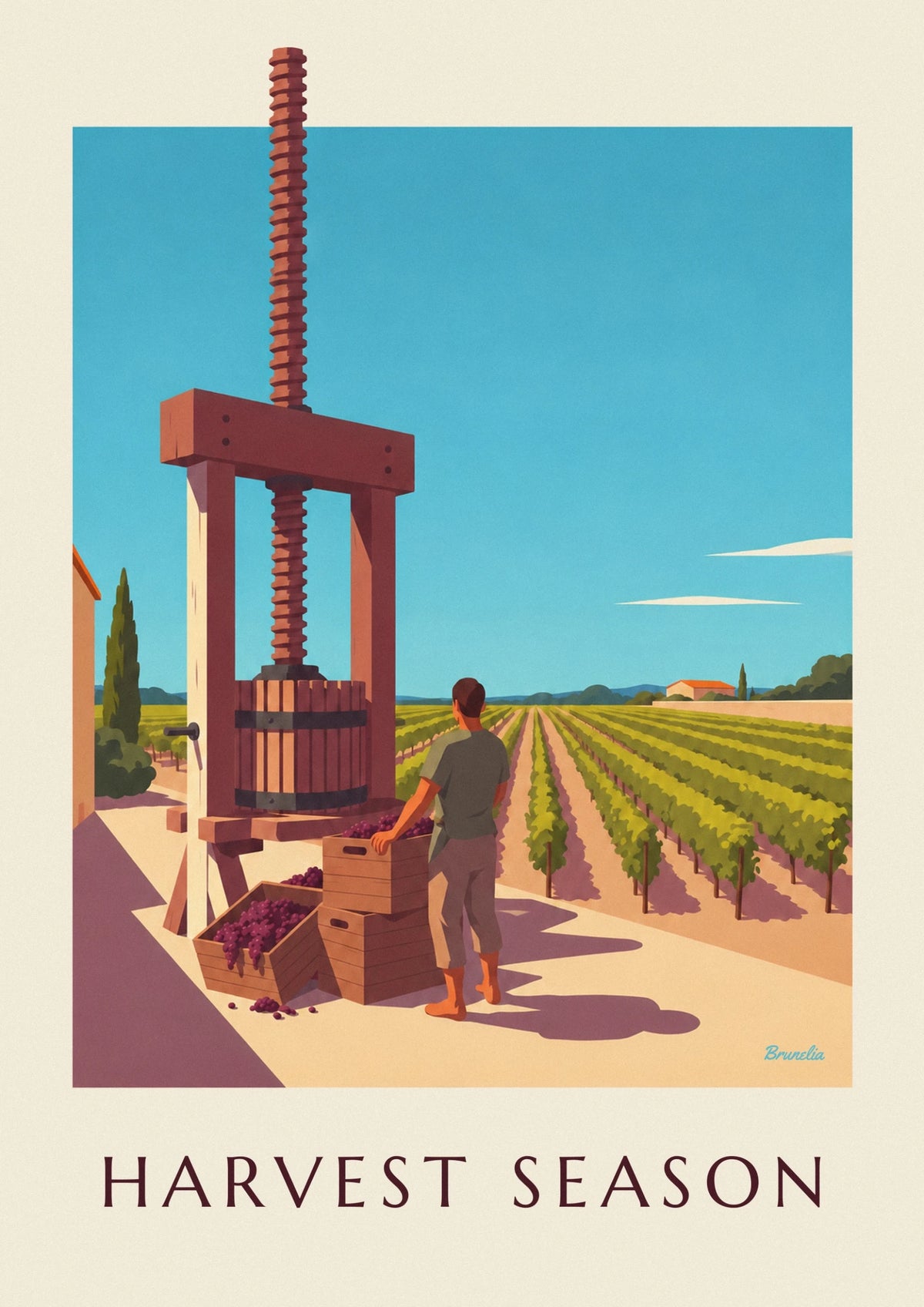 Affiche pressoir à raisin en bois au temps des vendanges
