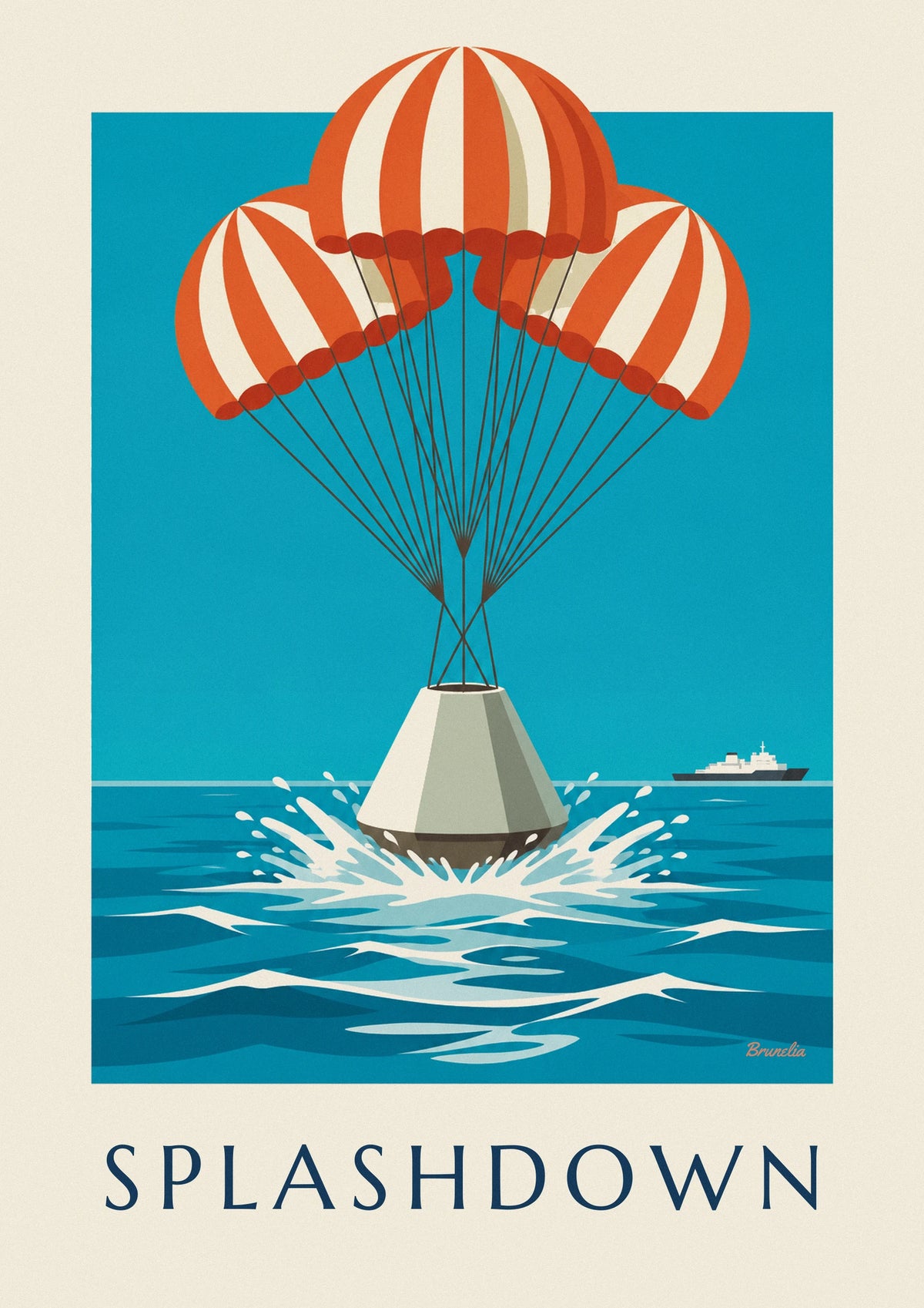 Space capsule splashing down in the ocean poster
