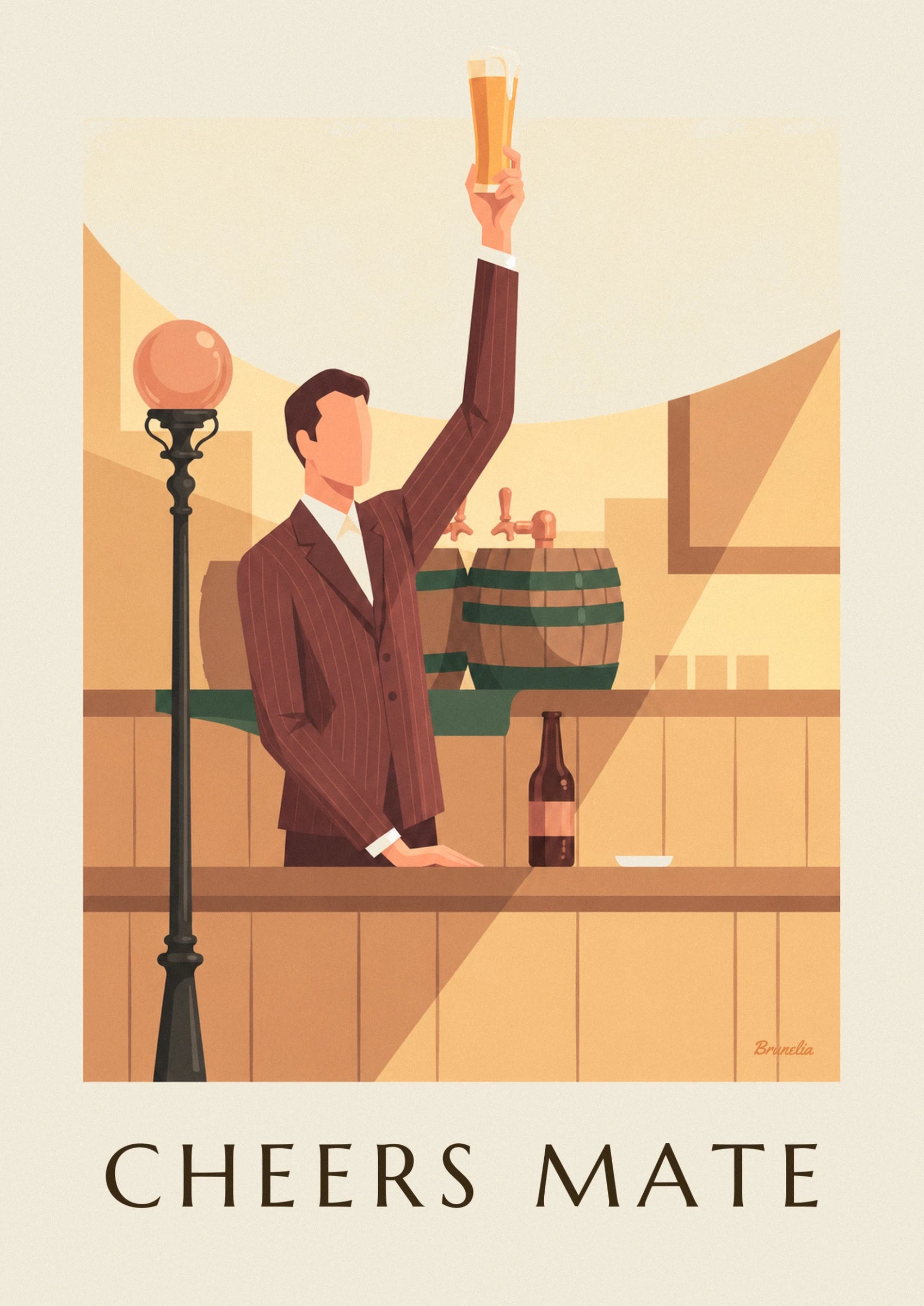 The man in a burgundy striped suit, arm raised, in front of the barrels and beer taps