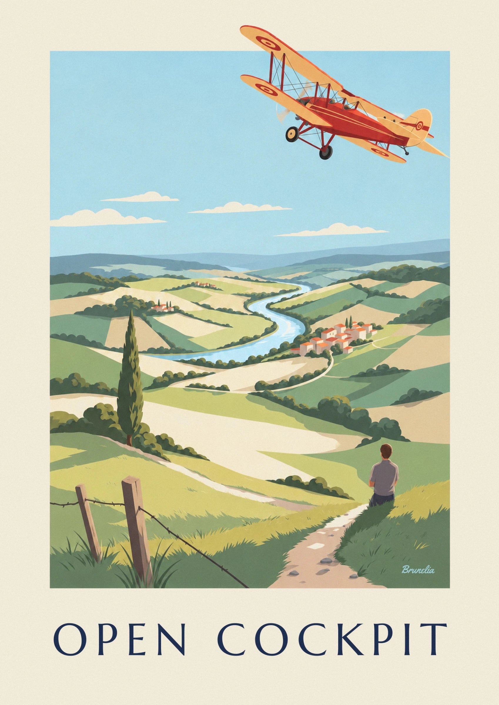 The red and yellow biplane above the fields, against a blue sky