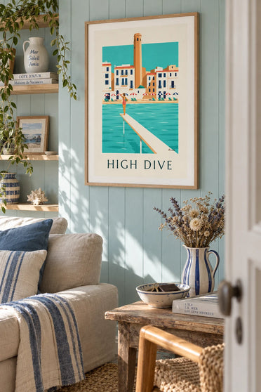 Poster of a bather on a wooden diving board facing the sea: framed on the wall