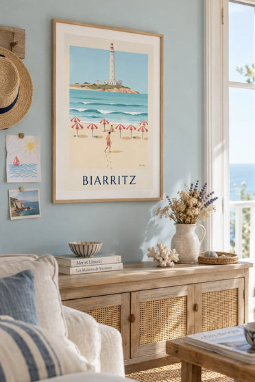 Poster of striped parasols and a surfer on the Grande Plage in Biarritz: framed on the wall