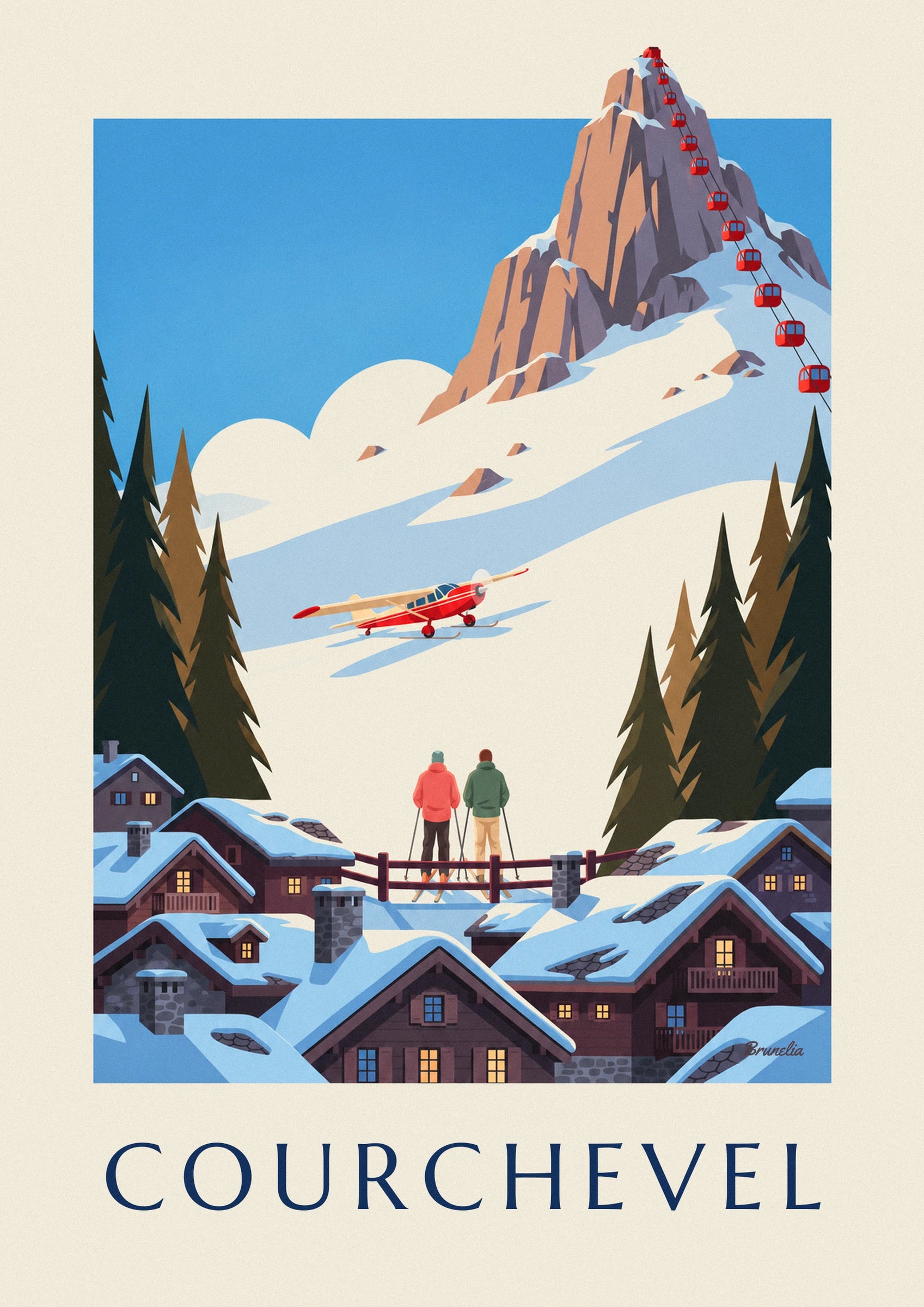 The red gondola cabins along the snowy rock faces of Courchevel