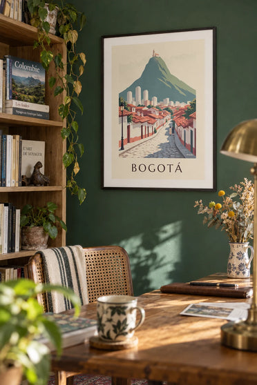 Affiche Bogotá, La Candelaria et mont Monserrate en Colombie : encadrée au mur