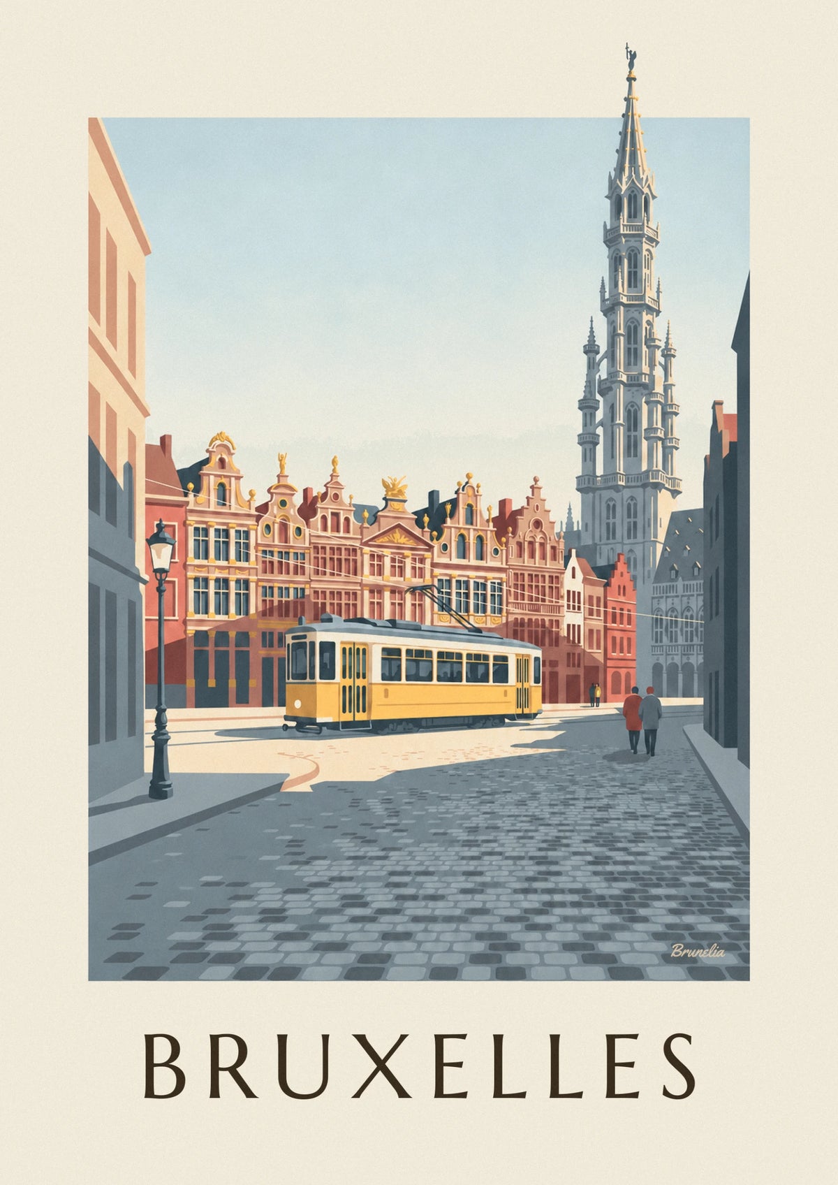 Affiche tramway jaune près de la Grand-Place de Bruxelles