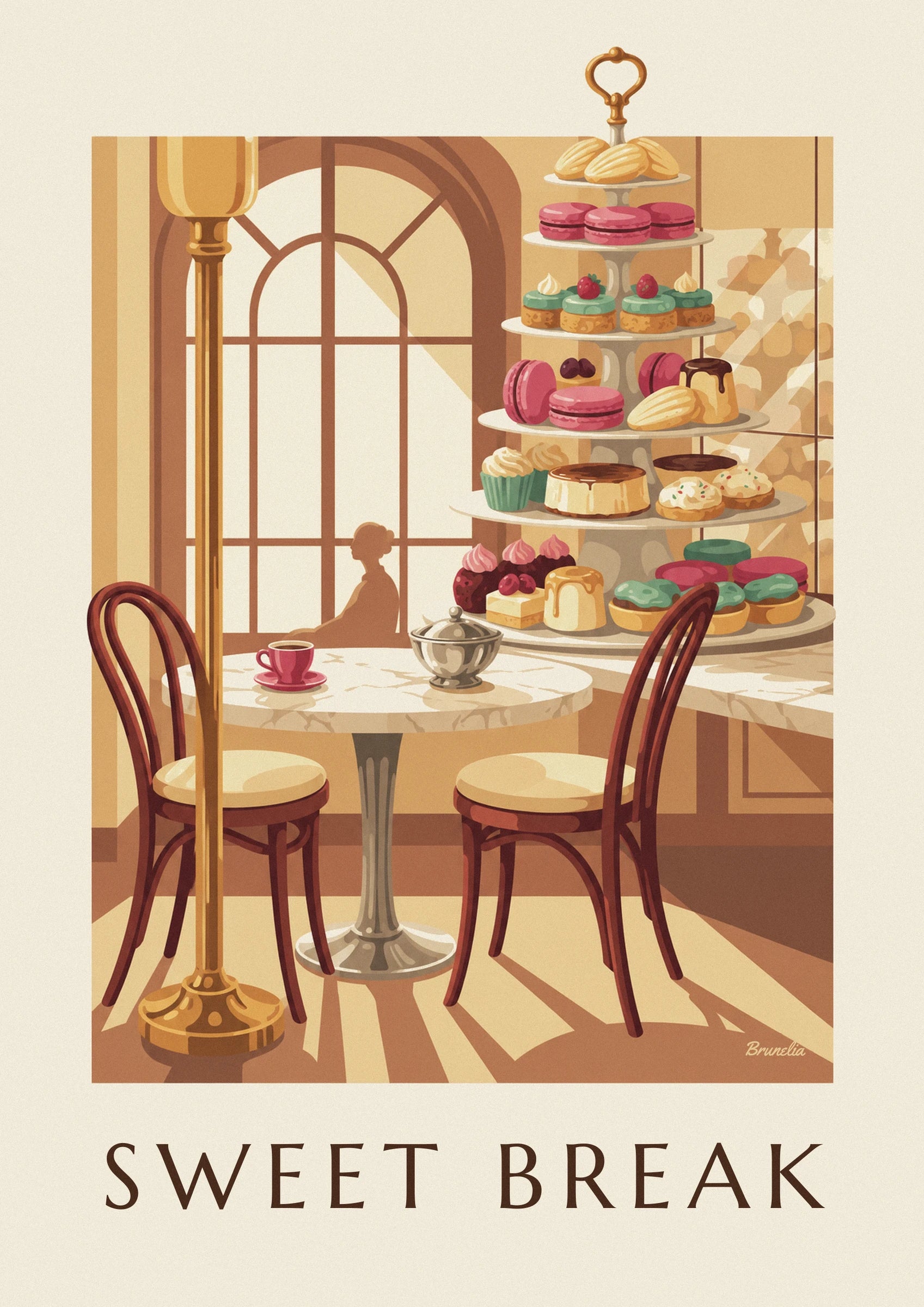 Le présentoir à étages garni de macarons roses, de gâteaux et de mignardises