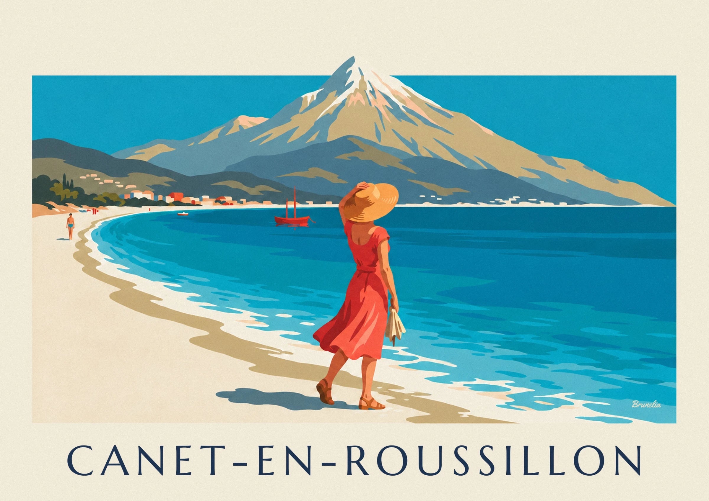 Une femme en robe rouge et chapeau de paille sur la plage, face au voilier rouge