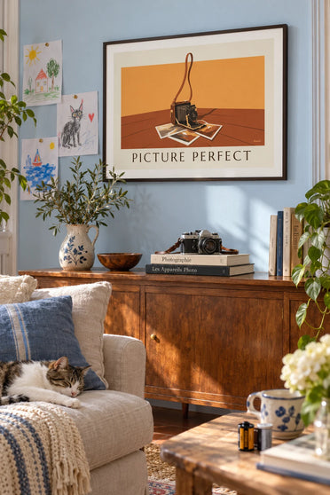 Poster of a bellows camera and photographs on a table: framed on the wall