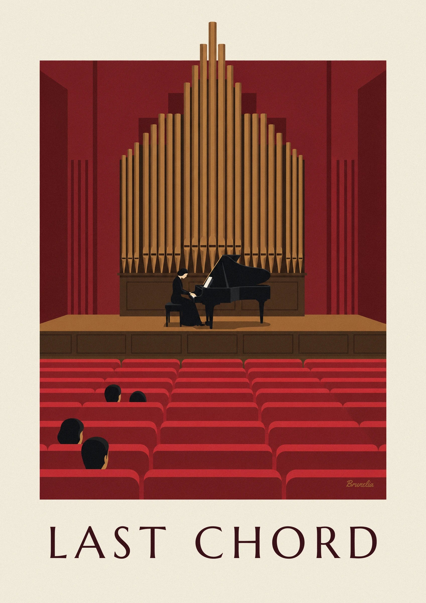 The pianist in a black dress at her grand piano on the wooden stage