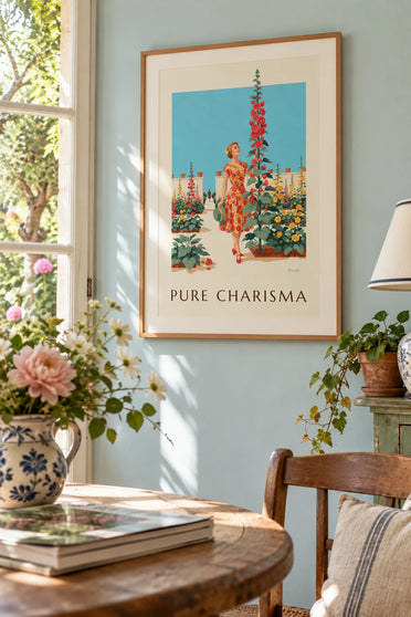 Poster of a woman in a floral dress in a sunny garden: framed on the wall