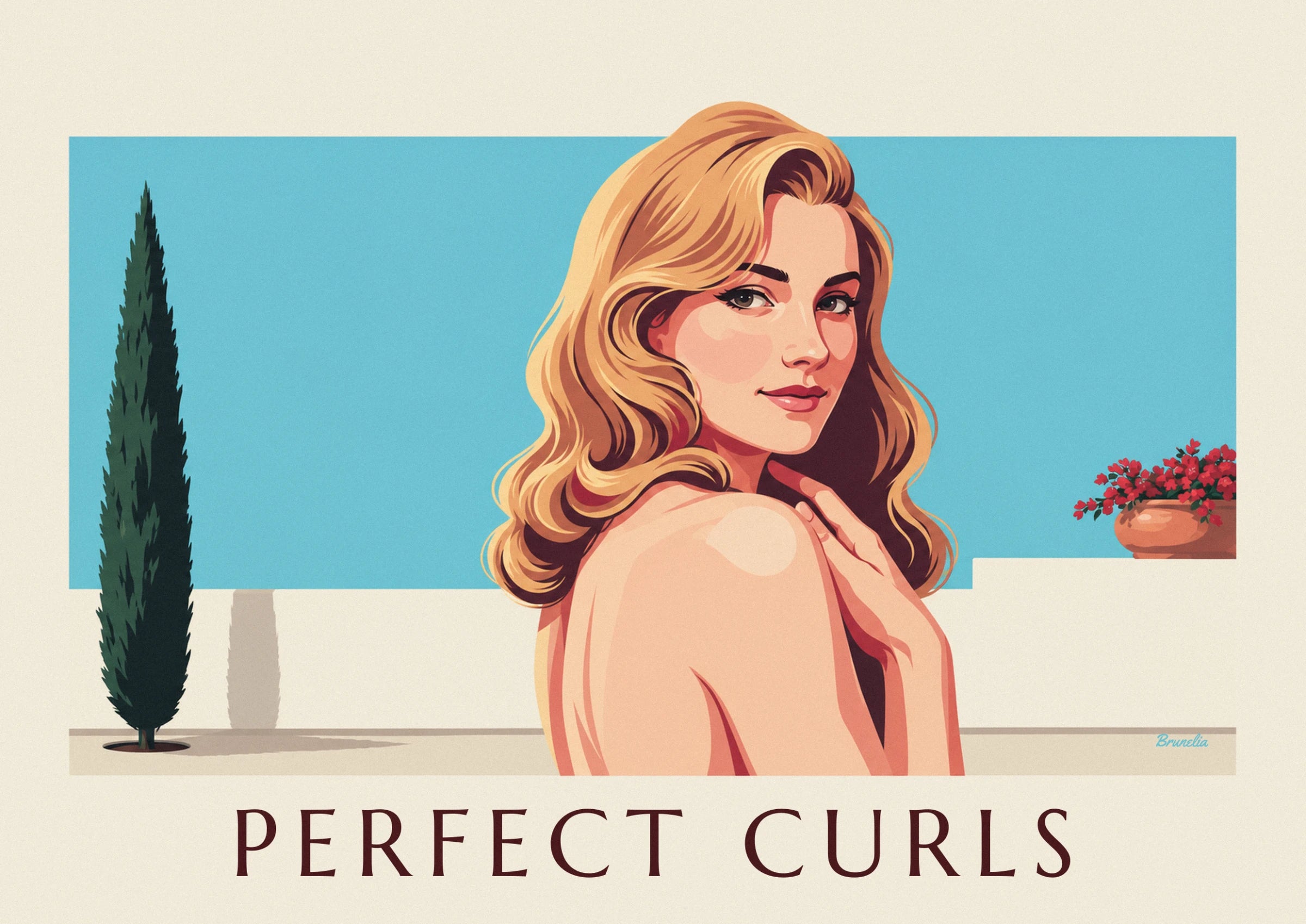 La pin-up blonde aux longues ondulations, regard de côté, main sur l'épaule