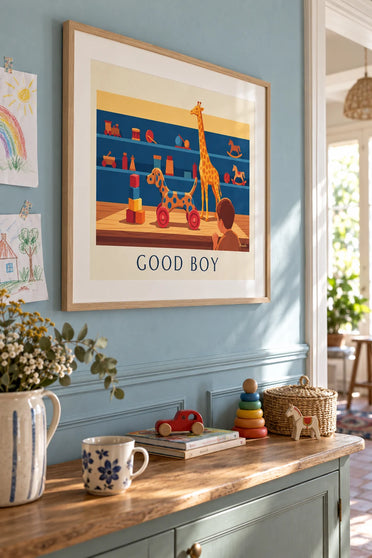 Poster of a wooden pull-along dog in a toy store: framed on the wall