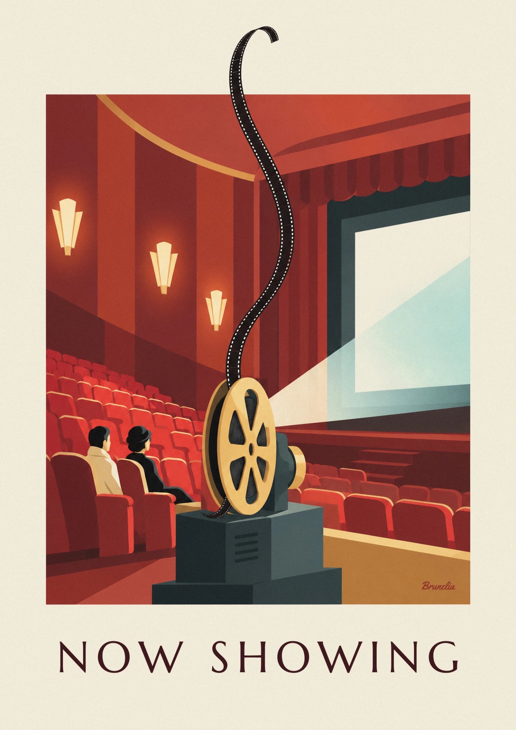 The golden reel and its black film on the projector in front of the red seats