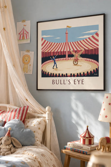 Poster of a knife thrower and target wheel under the big top: framed on the wall