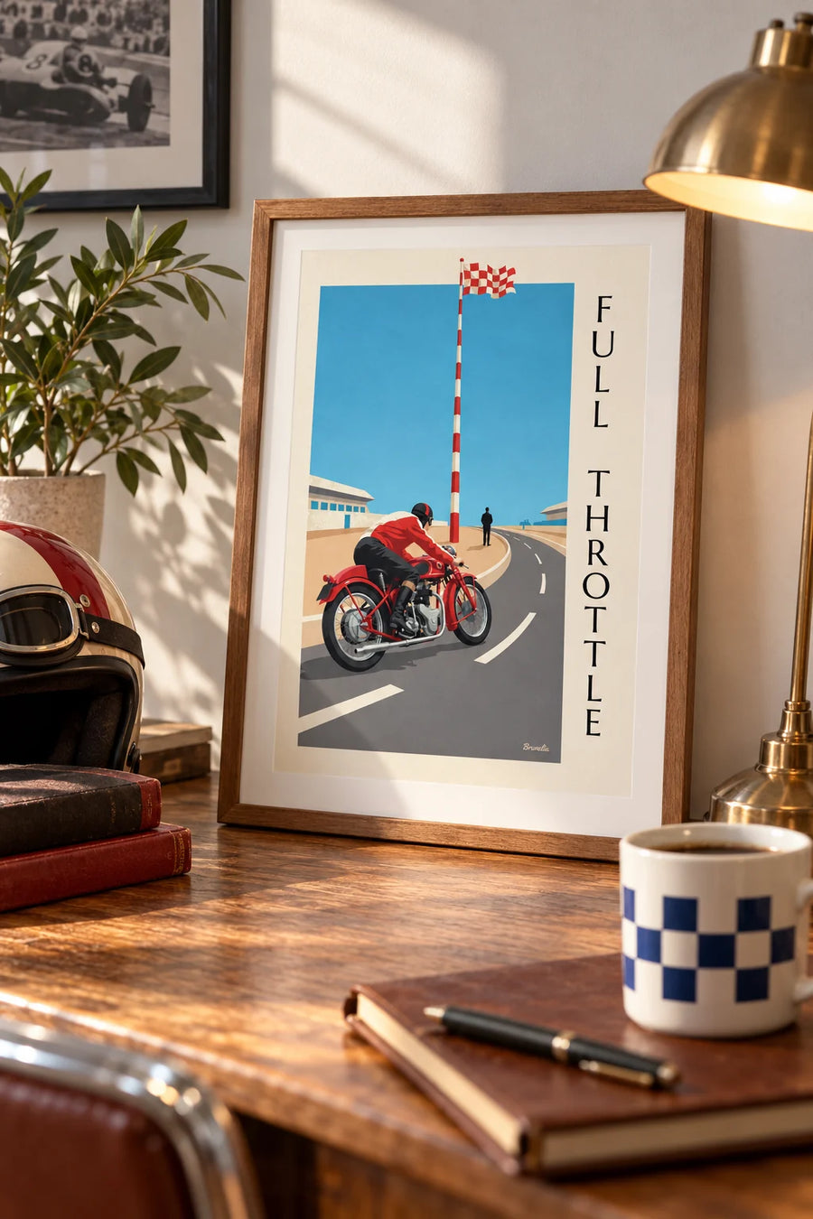 Affiche moto de course penchée dans un virage de Grand Prix : petit format A4 encadré