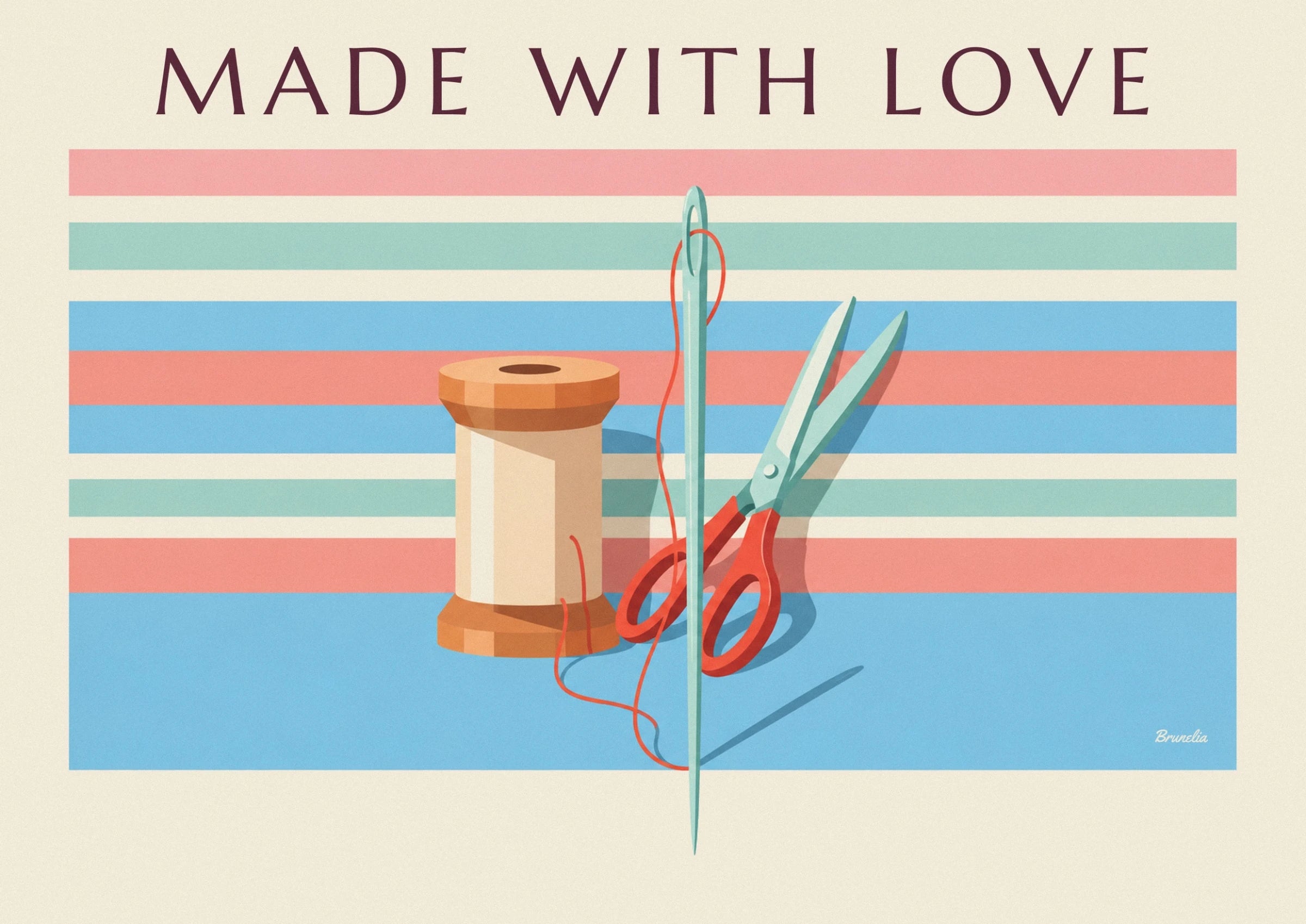 Handmade sewing spool, scissors and needle poster: close-up detail