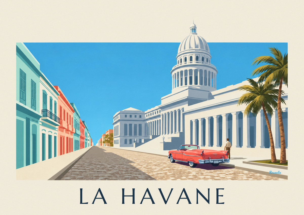 Affiche voiture ancienne devant le Capitole de La Havane