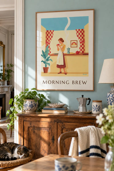 Poster of a woman drinking her coffee in a bright kitchen: framed on the wall