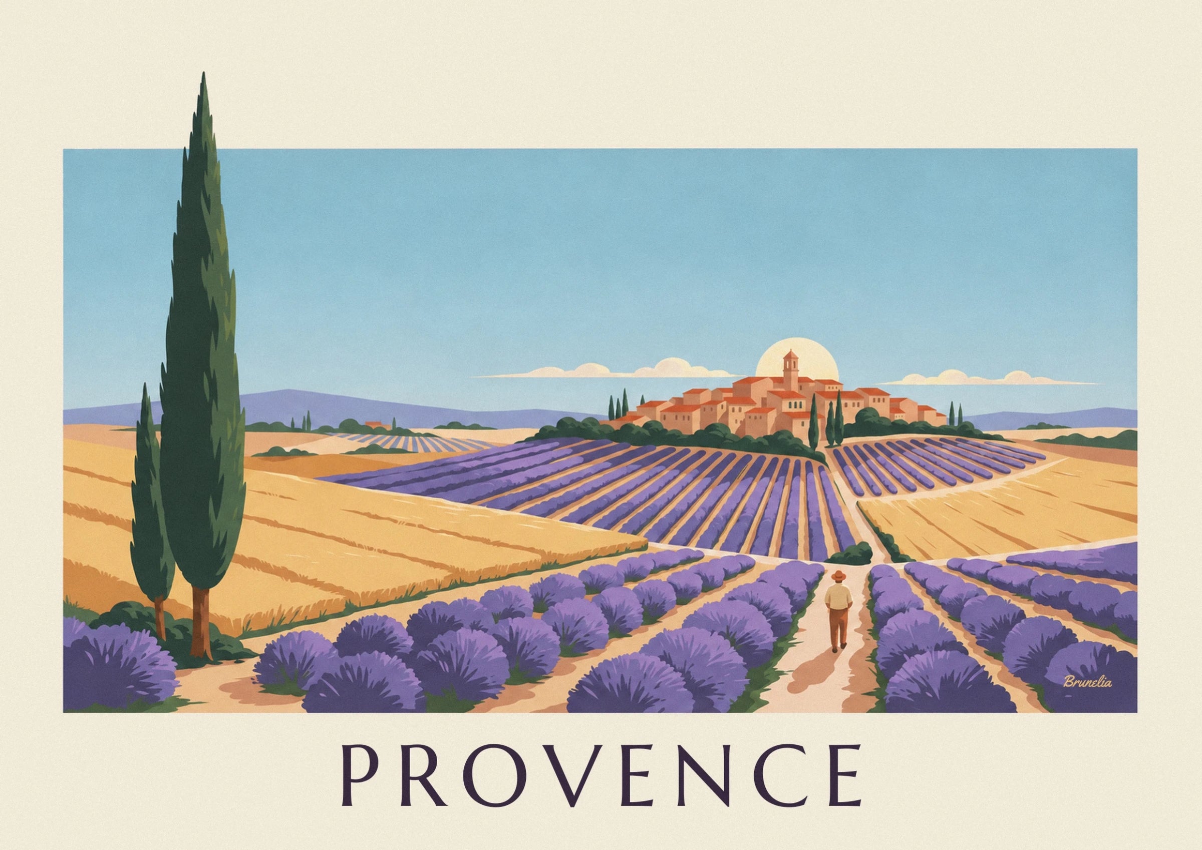 Le village provençal aux toits orangés, son clocher et ses rangées de lavande
