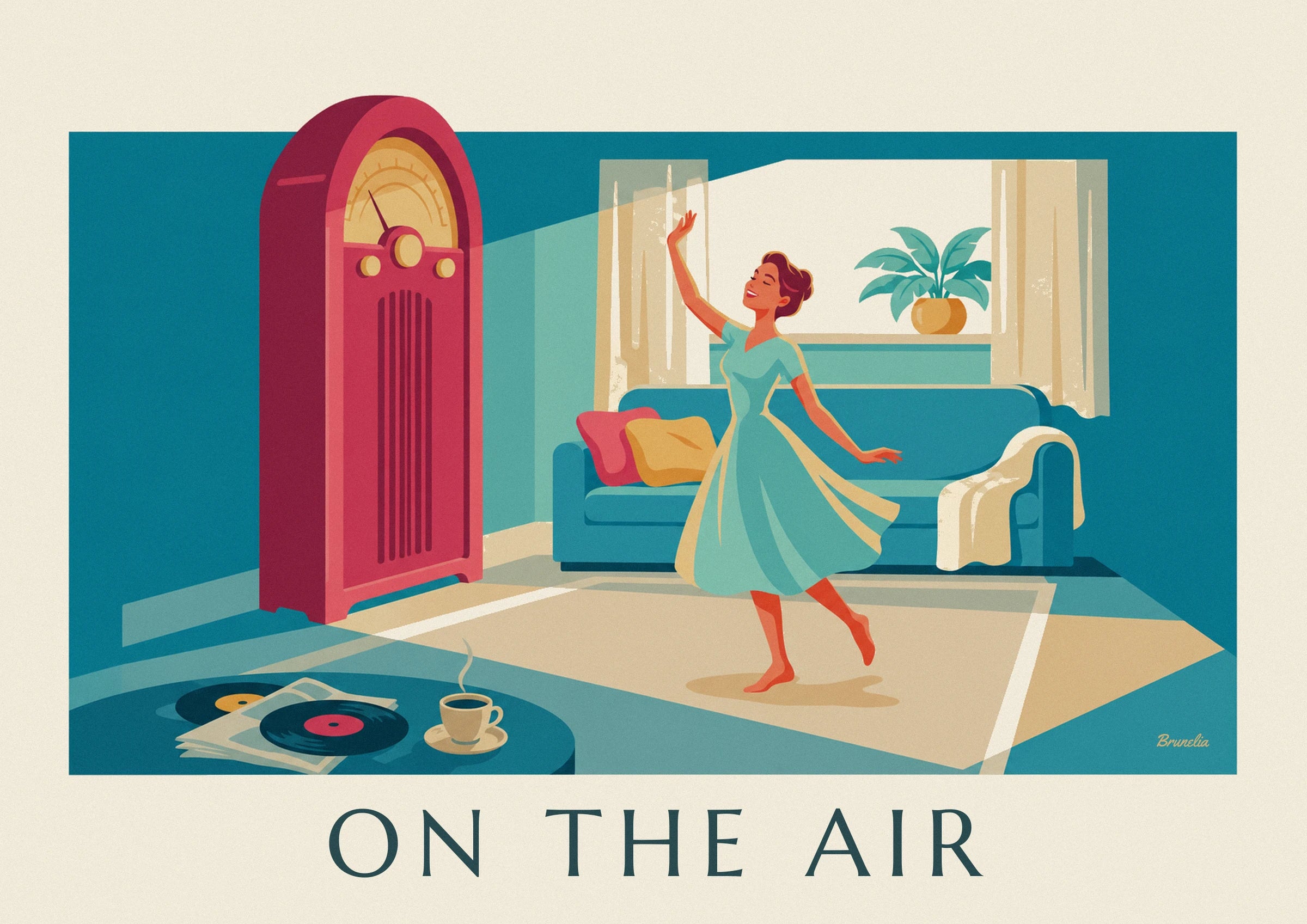 The dancer in a turquoise dress with one arm raised in front of the sofa with colourful cushions