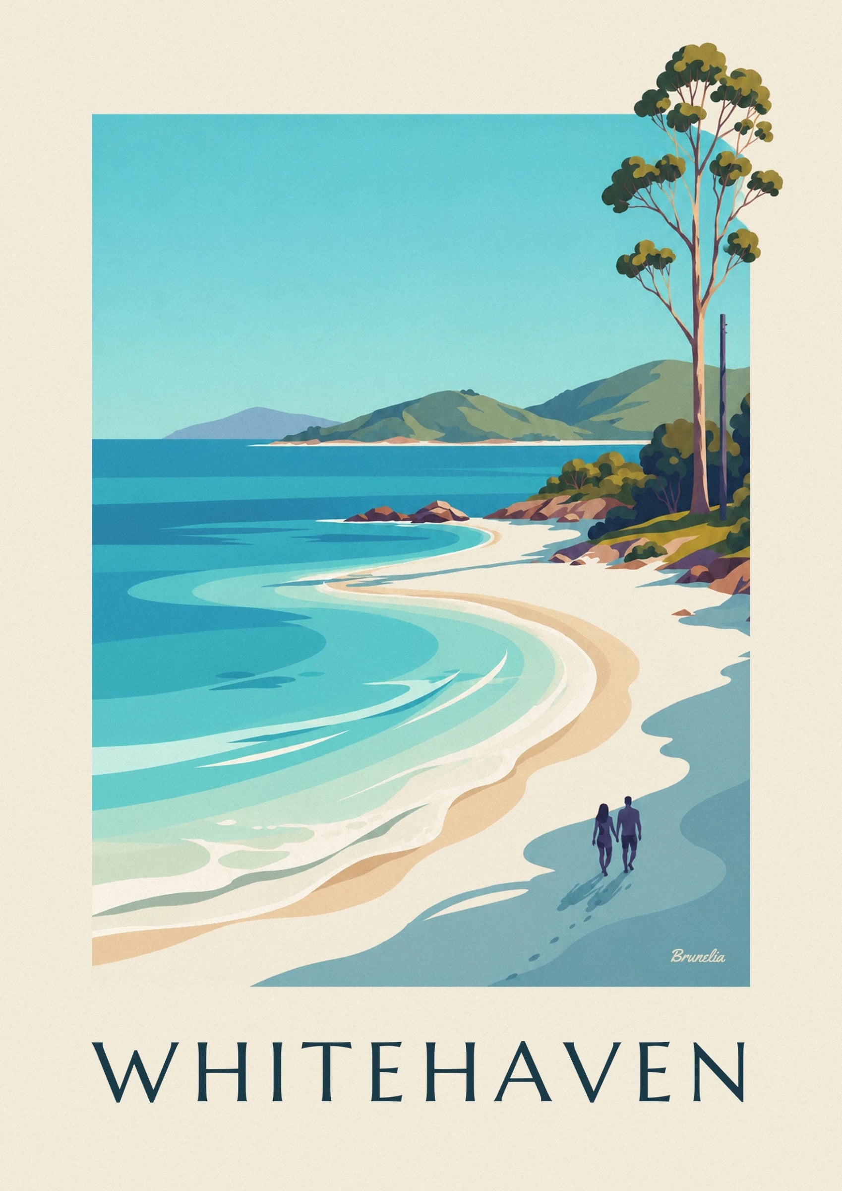 The white sandy beach between turquoise waters, rocks and lush green hills