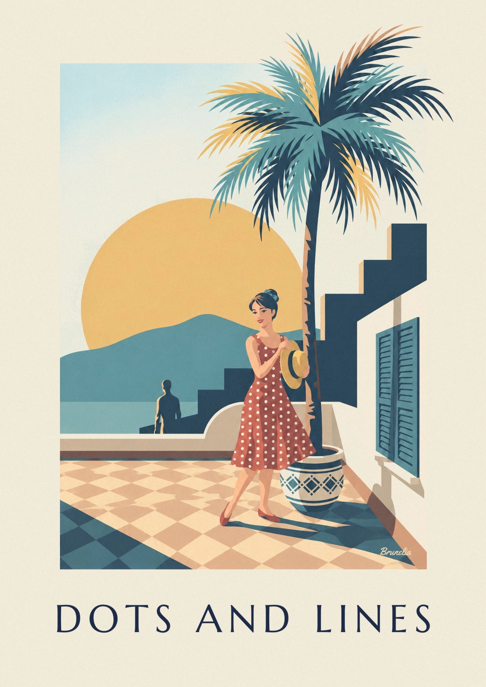A woman in a red dress with white polka dots, holding a straw hat beside a potted palm