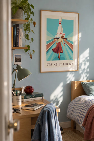 Pin-up throwing a bowling ball poster: framed on the wall