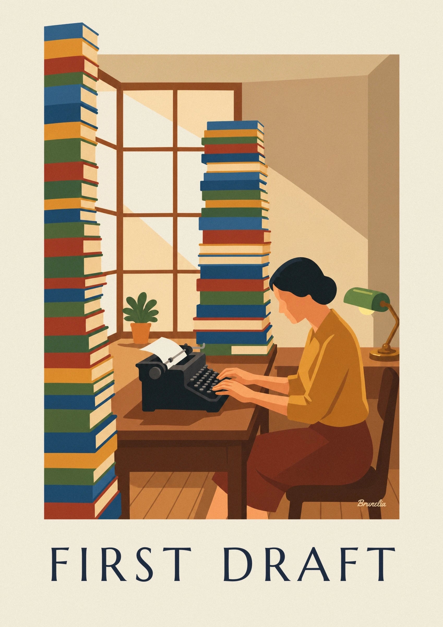 The writer in an ochre blouse at her typewriter, beside a green lamp