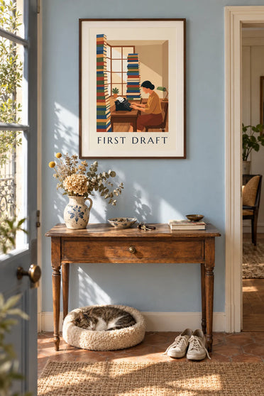 Woman writer at a typewriter poster: framed on the wall