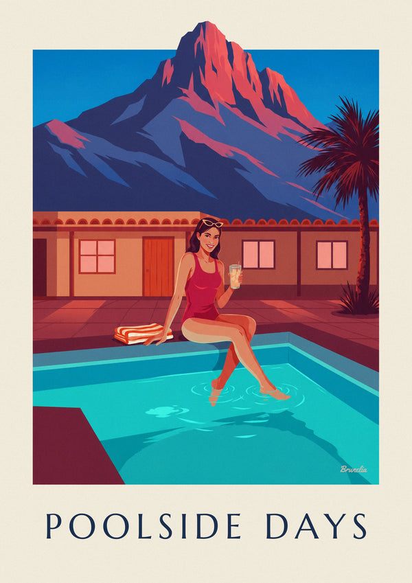 Affiche femme au bord d'une piscine de motel au pied d'une montagne