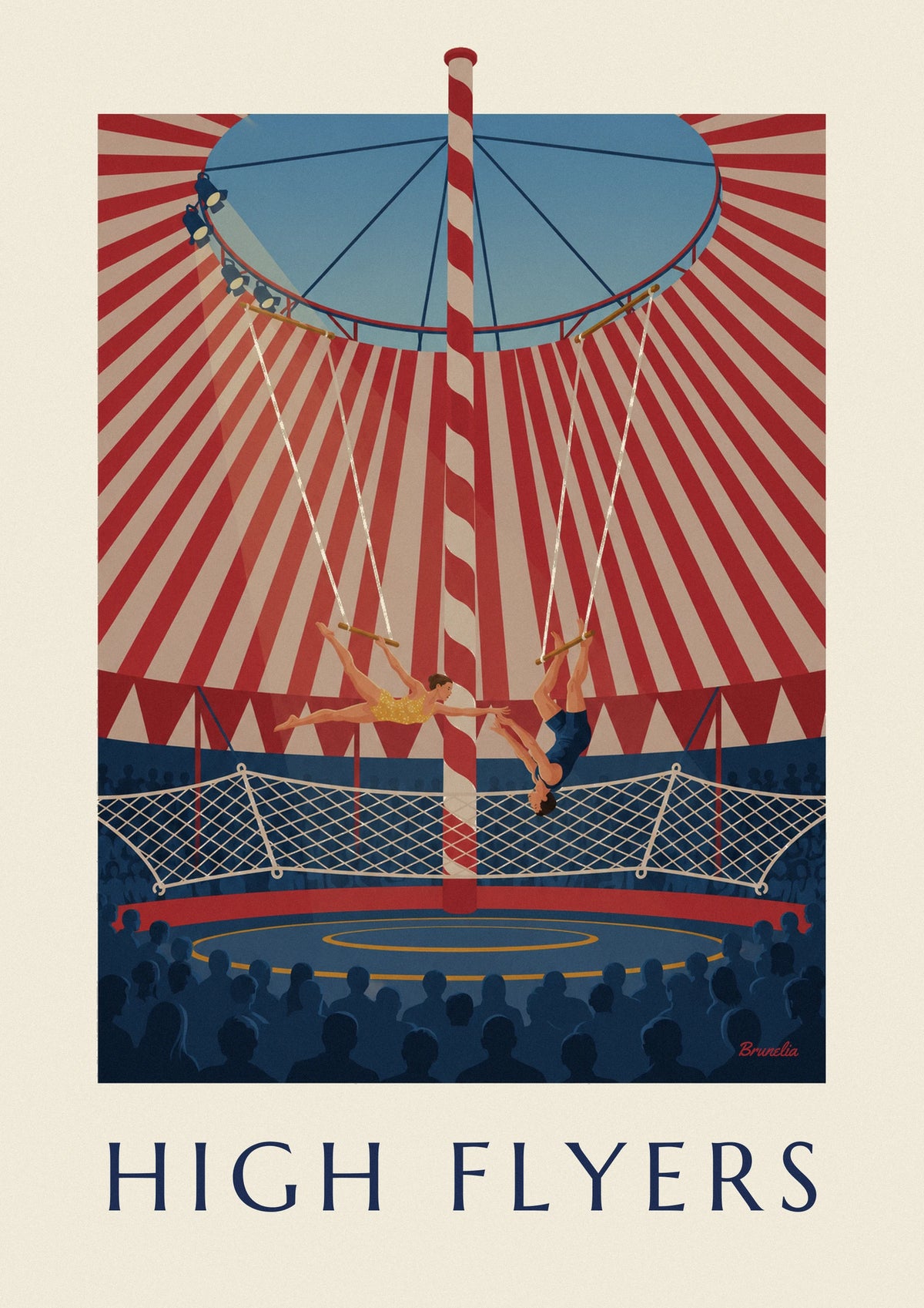 Affiche trapézistes sous un chapiteau de cirque rayé