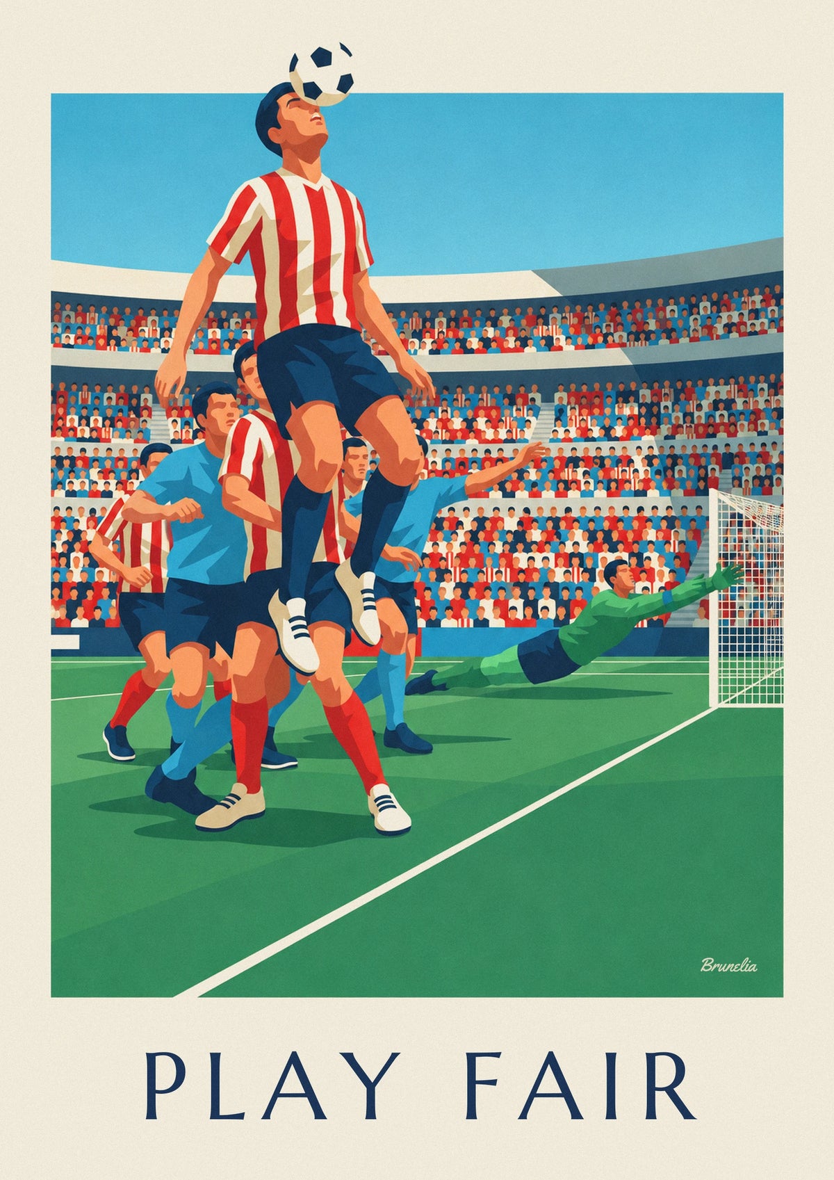 Soccer player in striped jersey scoring a header poster