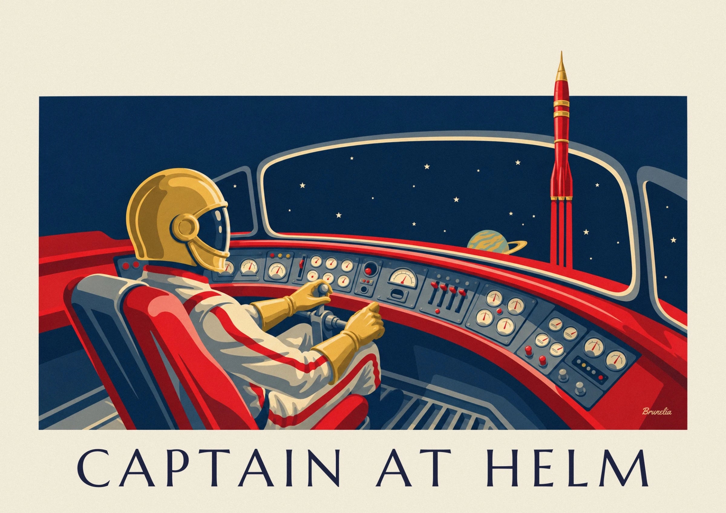Le pilote de profil, coiffé d'un casque doré à visière, dans le cockpit