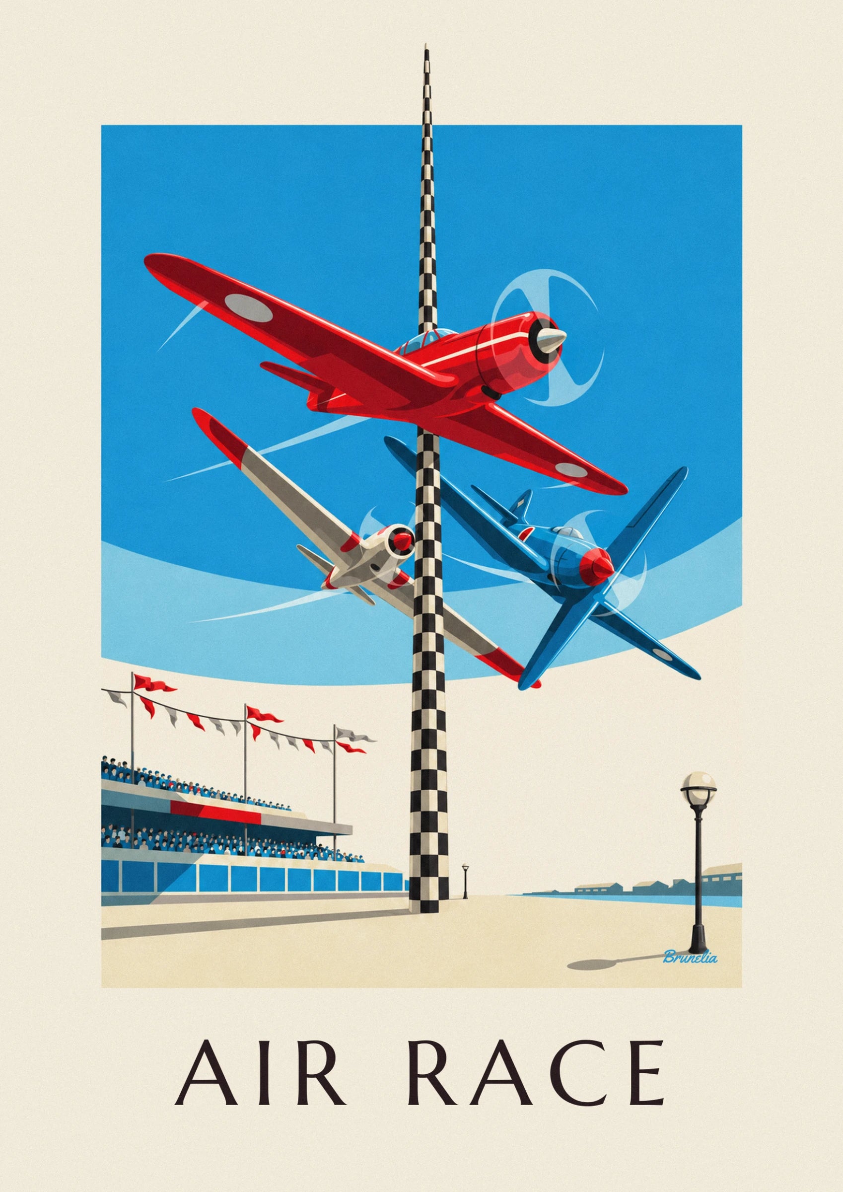 The 3 red, blue and cream aeroplanes banking around the black and white chequered pylon