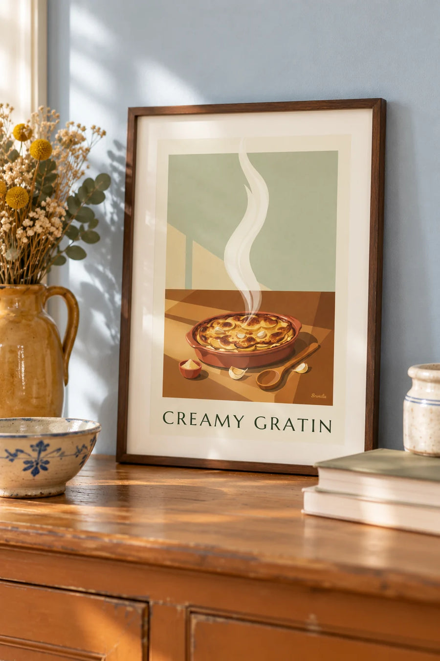 Poster of golden gratin dauphinois in its terracotta dish: small framed A4 size