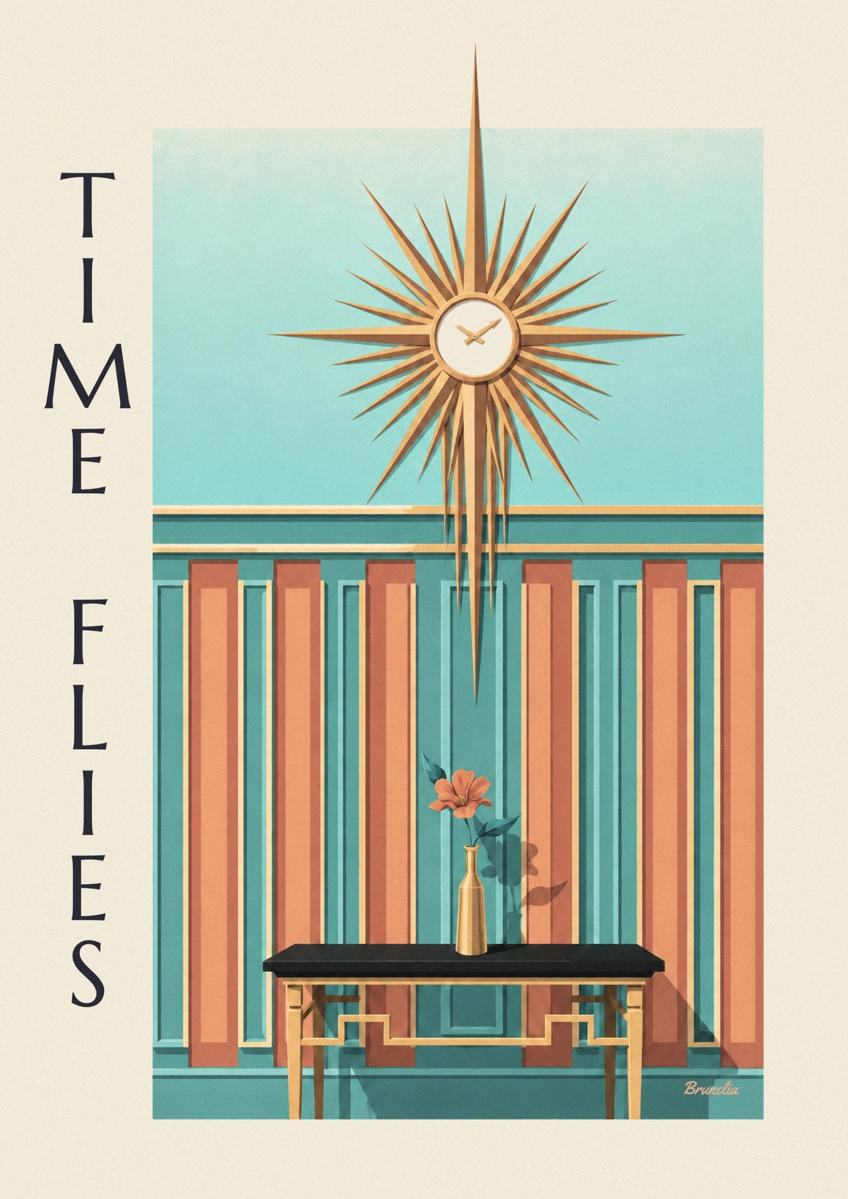 A clock with long golden rays on a turquoise wall edged with mouldings