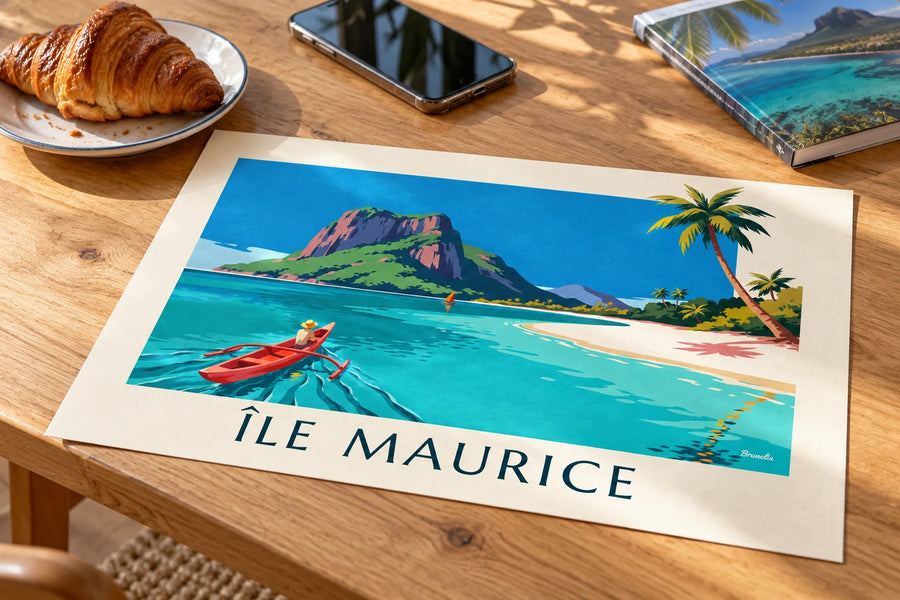 Affiche lagon, cocotiers et Morne Brabant à l'île Maurice : posée sur une table