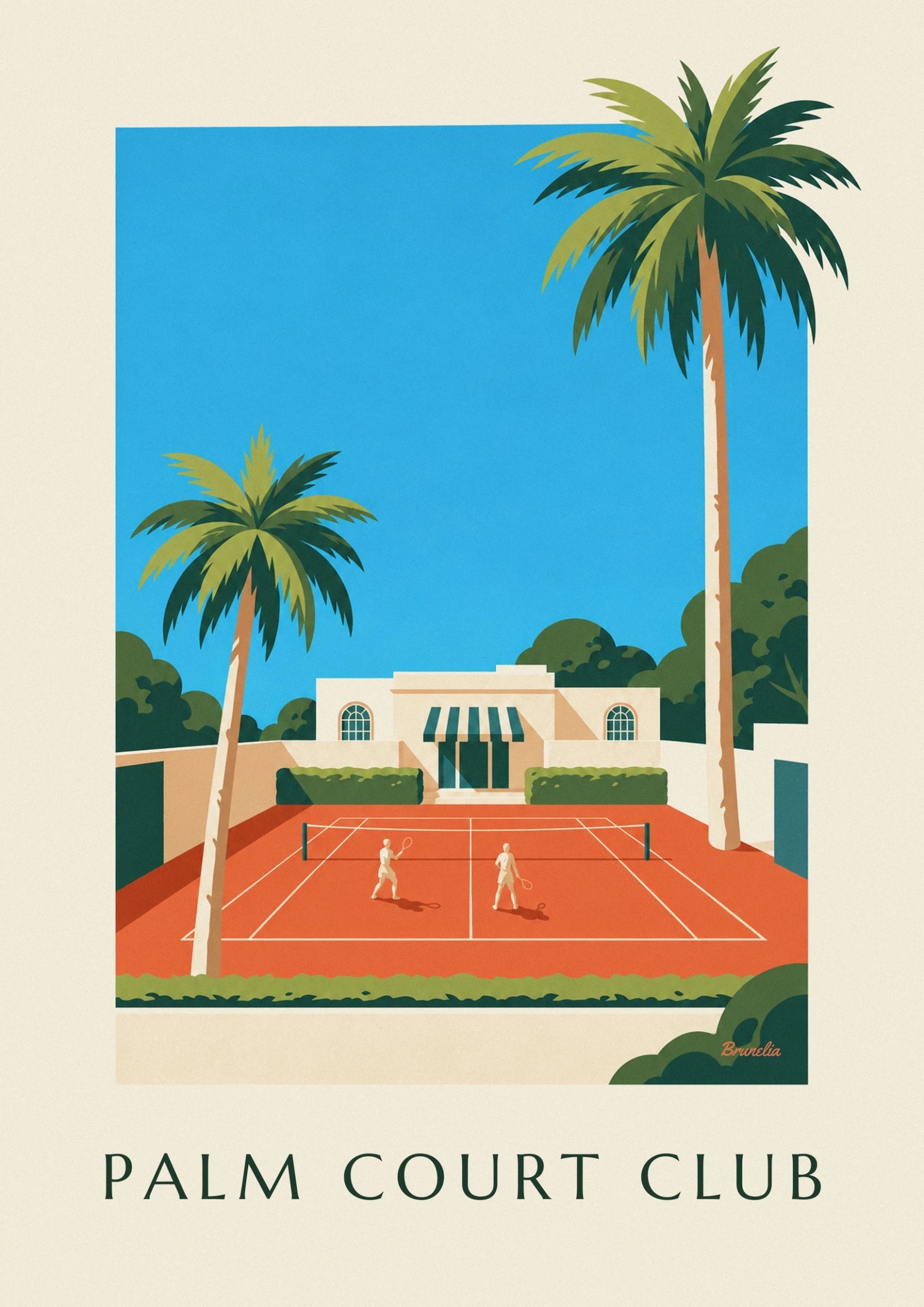 The 2 players on the clay court in front of the club with its striped awning