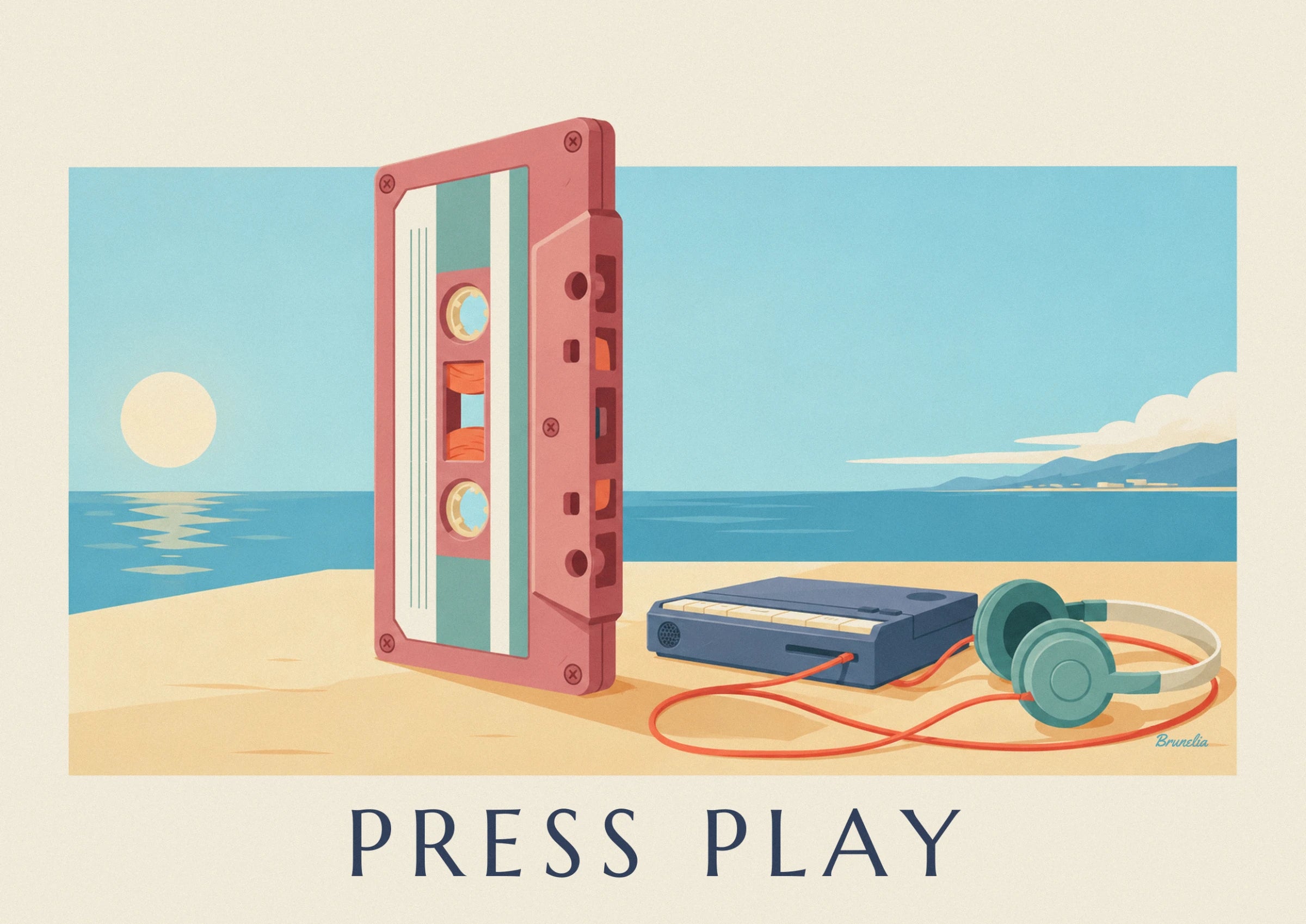 The pink and green cassette standing upright on the sand, facing the sea