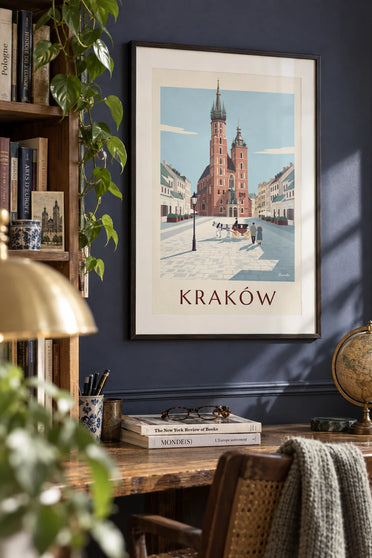 Poster of St. Mary’s Basilica and a horse-drawn carriage on Kraków’s market square: framed on the wall