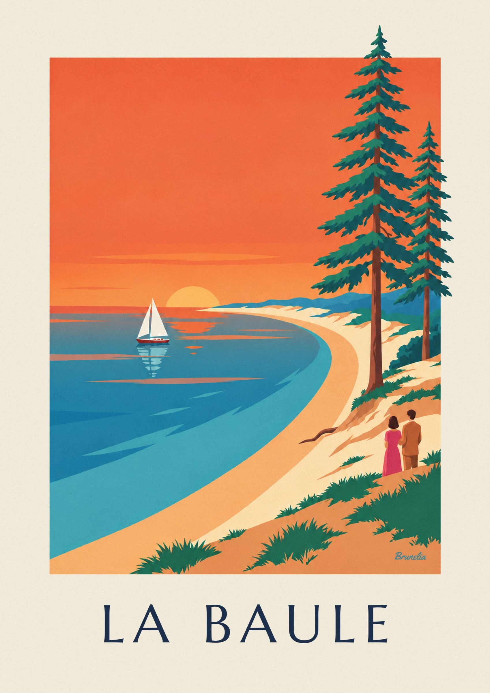 Le couple de dos, robe rose et veste camel, sur la dune de sable