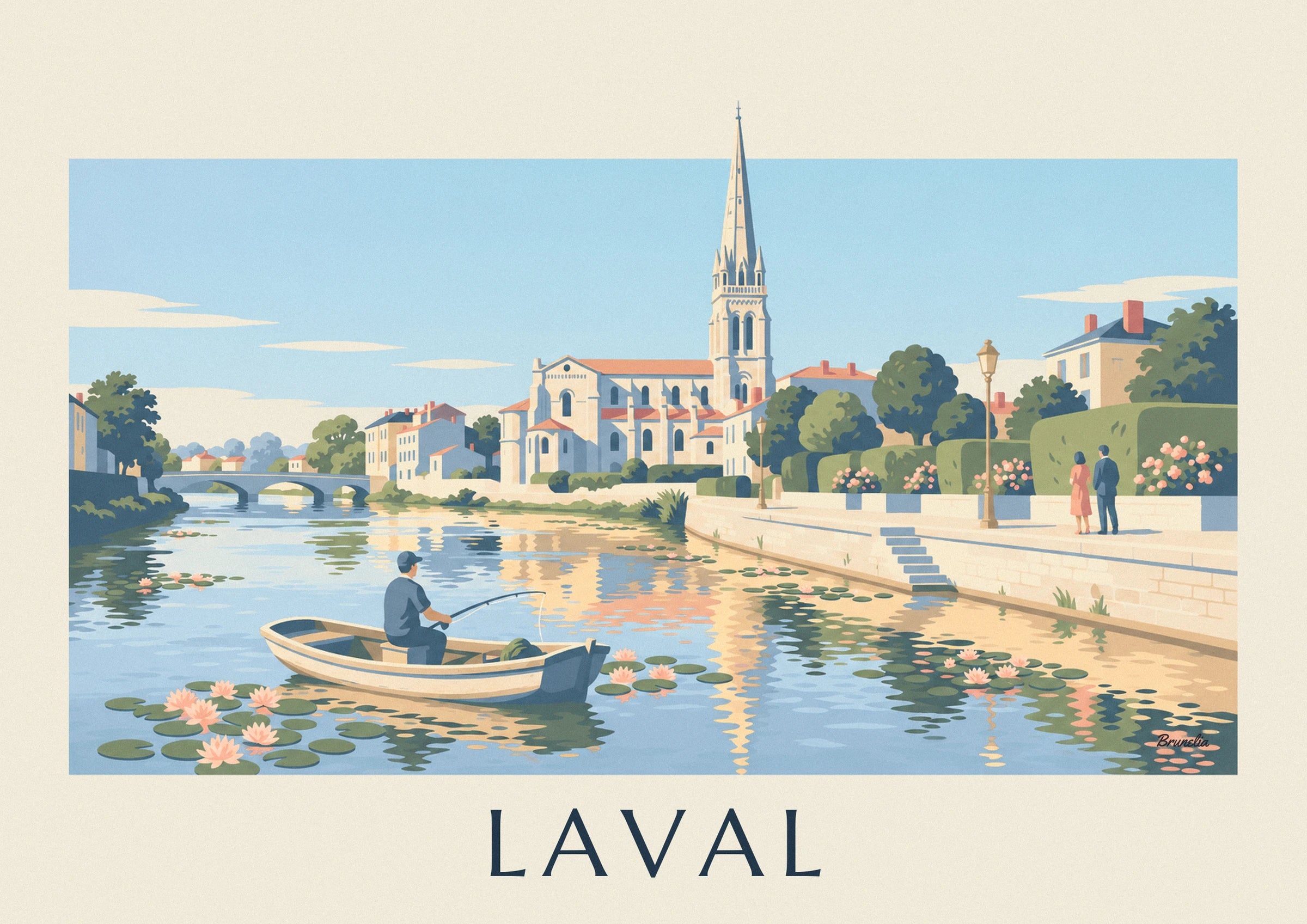 La basilique d’Avesnières, sa haute flèche et ses toits orangés au bord de la Mayenne