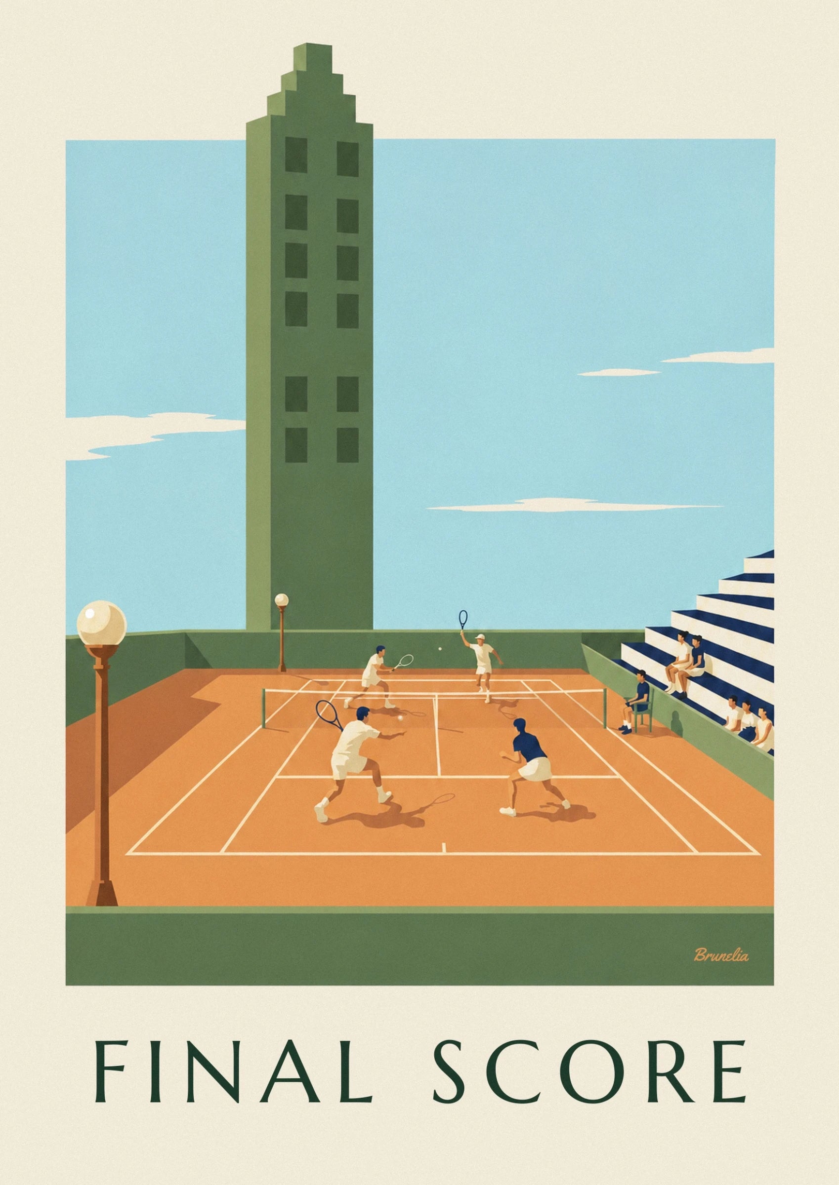 Les 4 joueurs en blanc et bleu, raquettes en main sur le court en terre battue